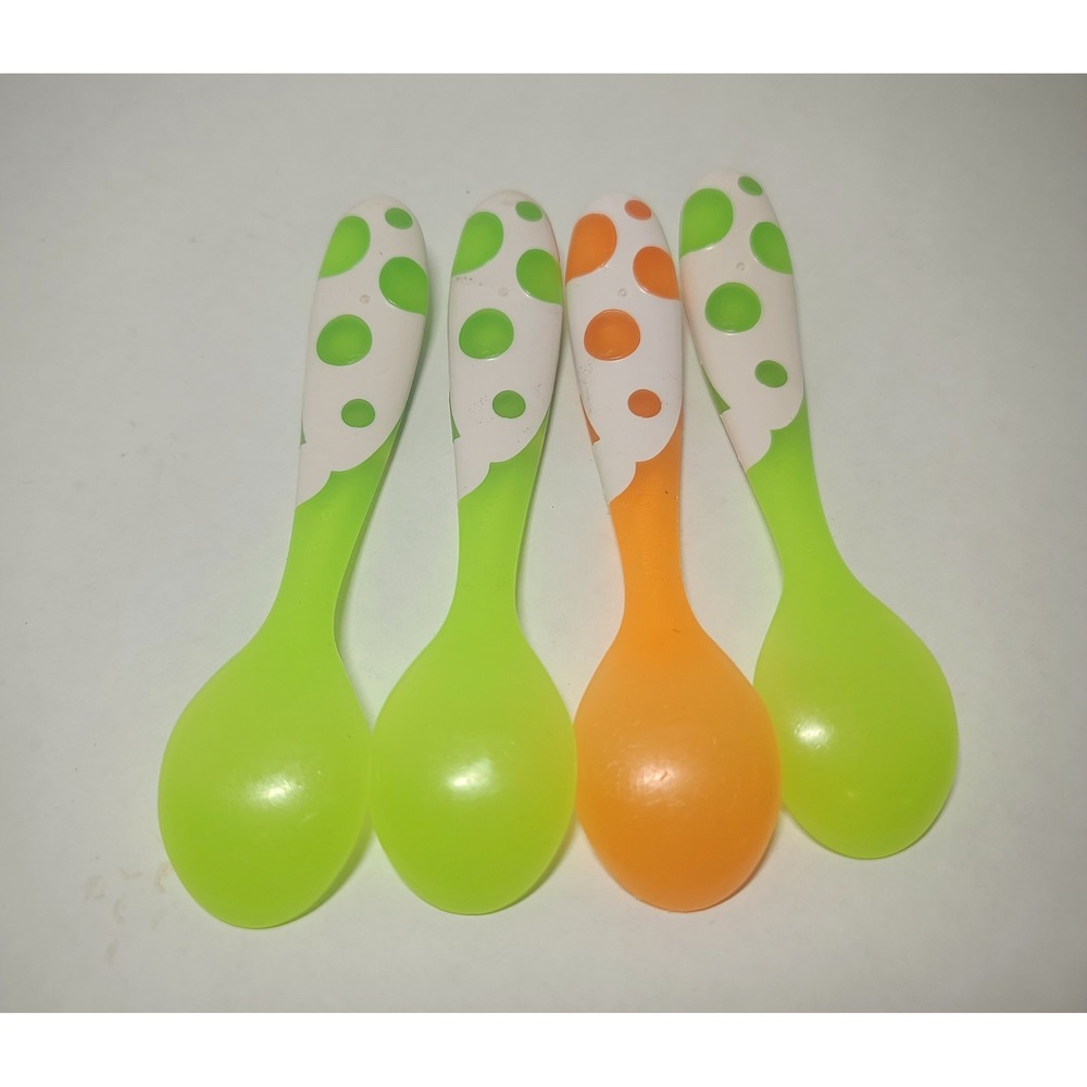 Munchkin Soft-Tip Infant Spoons 4 Pack Green Orange Polka Dot Baby Spoons - Picture 2 of 3